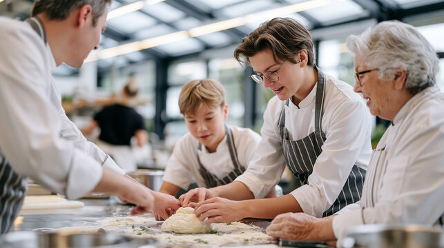 Intergenerational kitchen team building a snowman shaped bread centerpiece at a long prep table under overcast grey skylight windows, head chef guiding a junior cook and a