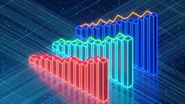 サイバー空間で3層に上昇する光の3D棒グラフと折れ線グラフの比較映像