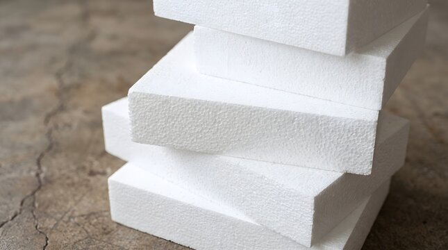 White expanded polystyrene foam blocks stacked on a weathered concrete floor used for protective packaging material and thermal insulation industry concept
