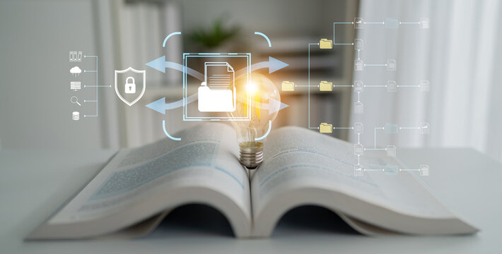 Open Book with Light Bulb Symbolizing Knowledge Transfer and Data Security in Digital Age. Sentient.