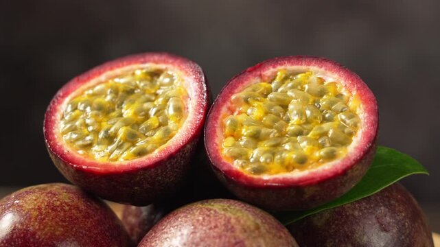 fresh ripe passion fruits on wooden table