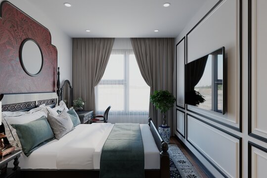 Modern Design Featuring Stylish a bedroom with a bed, curtains, and a television.