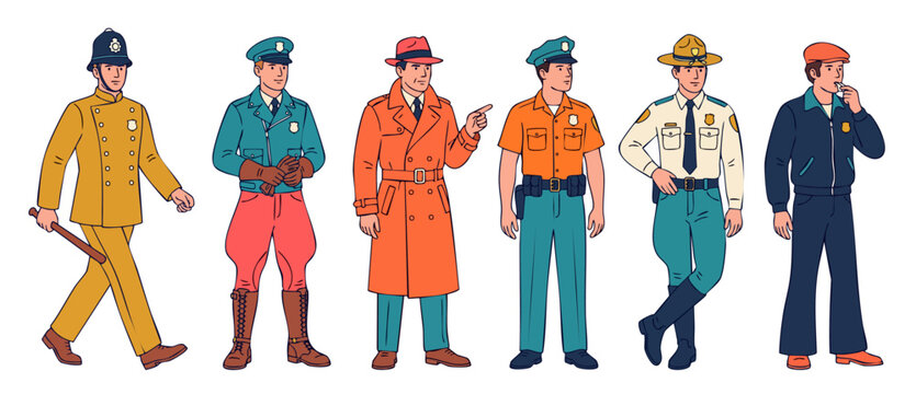 Police officer vintage uniform set featuring retro law enforcement characters, detective, bobby, ranger, and state trooper isolated on white background for security concept design illustrations.