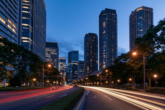 青い空と高層ビルが織りなすダイナミックな大都市の夜景と光の軌跡