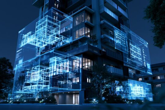 未来の都市建築とテクノロジーが融合したスマートマンションの夜景