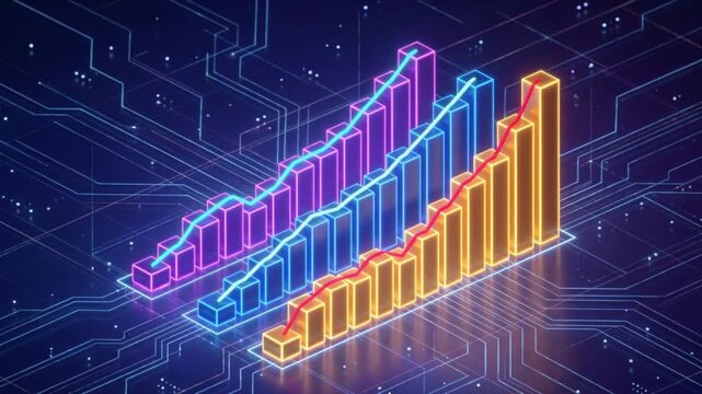 サイバー空間で3層に上昇するゴールドと青の3D棒グラフと折れ線グラフ