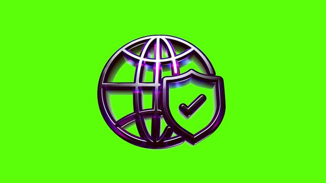 Shiny metallic globe icon with a security shield and check mark symbol for digital data protection