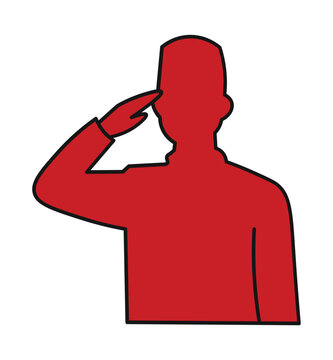Red silhouette icon of a soldier saluting isolated on a white background.