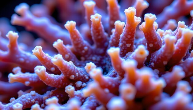 The image displays a close up view of vibrant coral, showcasing its intricate branches and textured surface
