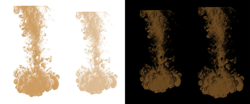 Brown ink drop in water on white and black background, swirling sepia liquid smoke, abstract paint splash texture