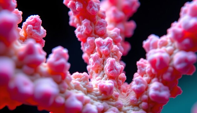 The image features a close up view of vibrant, textured coral formations with vivid pink and orange hues