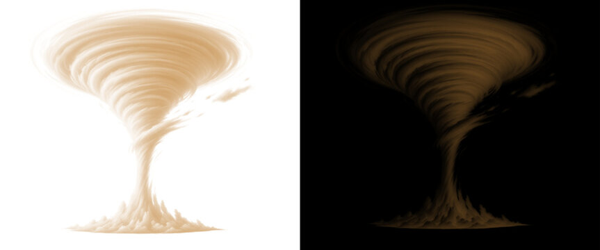 Sand tornado funnel isolated on white and black backgrounds. Dust storm whirlwind vortex. Brown desert cyclone swirl for weather design.