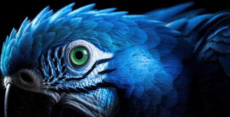 Obraz premium Extreme close up of blue macaw parrot head. Bright blue feathers, green eye stand out against black background. Detailed macro view shows texture of bird plumage. Exotic tropical bird looks forward