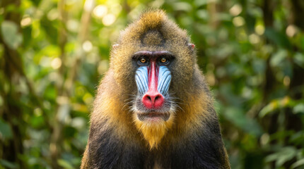 Fototapeta premium Intense Close-Up Portrait of Male Mandrill's Strikingly Colorful and Expressive Face