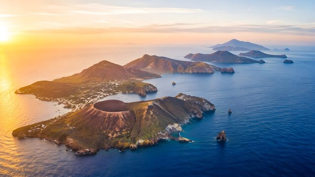 Aerial drone view of volcanic Aeolian Islands chain surrounded by deep blue ocean water in Sicily Italy