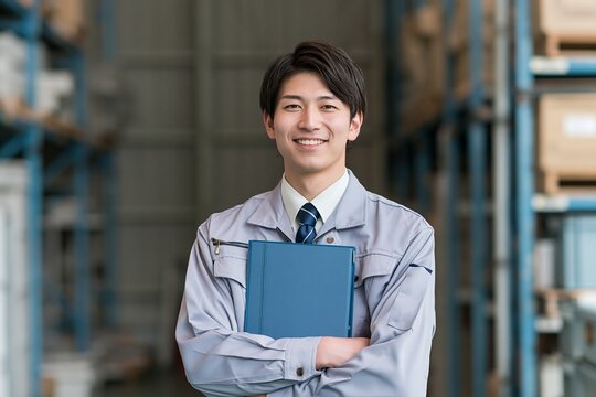 倉庫で働く日本人男性が作業服姿で笑顔のポートレート
