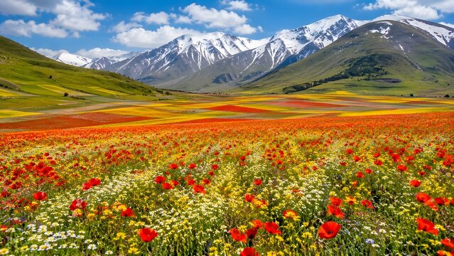 Vast blooming field of red poppies and wild lentils with snow capped mountains in Castelluccio di Norcia Umbria