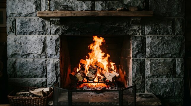 A bright warm fire burning inside a rustic stone fireplace in a dark cozy room at night