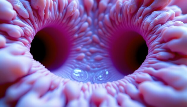 The image shows a close up view of the interior of a soft, fleshy, pinkish structure with numerous ridges and folds