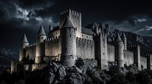 Medieval stone fortress stands on rocky hill under dark cloudy night sky. Majestic ancient castle with towers and high walls, imposing structure, imposing scene.