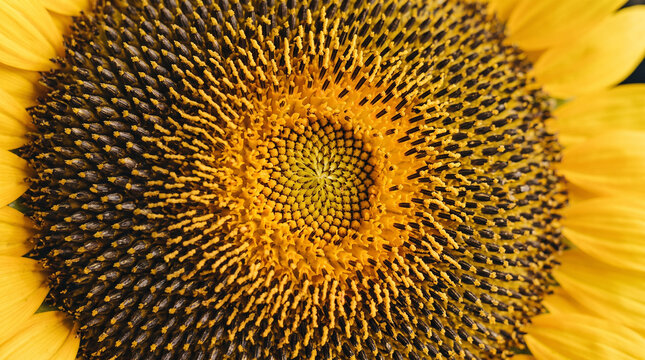 Sunflower center showing Fibonacci spiral pattern and seed arrangement