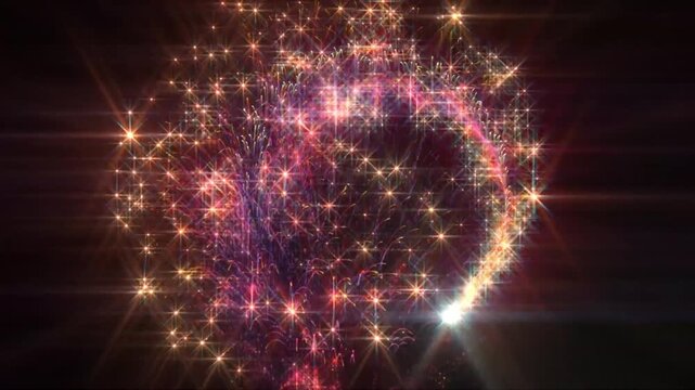 Sparkling magic star particle trail forming spiral circle ring explosion on dark background stock video
