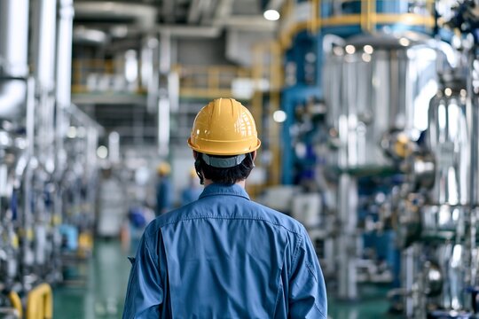工場内を歩くヘルメットと作業着姿の男性作業員