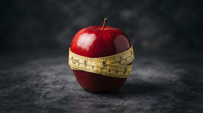 A fresh red apple wrapped with a yellow measuring tape on a dark textured background