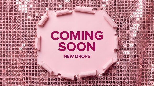 Coming soon announcement with new drops text on a pink paper ripped background with digital code pattern