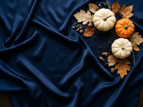 Autumn still life with pumpkins leaves and pinecones on luxurious dark blue velvet