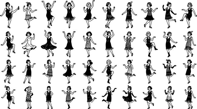 Roaring twenties flapper dancer silhouette vector icon set featuring black retro stencils of jazz age women dancing charleston in fringe dresses