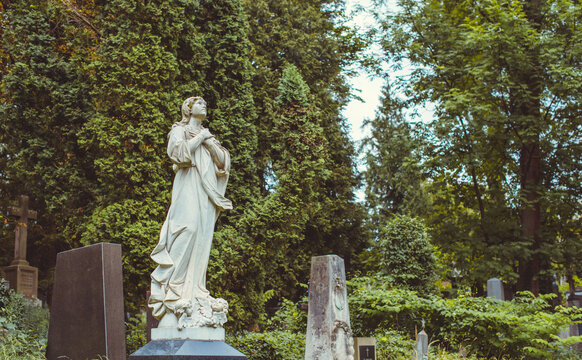 Ancient cemetery monuments featuring ornate gravestones, weathered stone sculptures and historic tombs surrounded by trees. Atmospheric old-world funerary architecture and timeless memorial details 