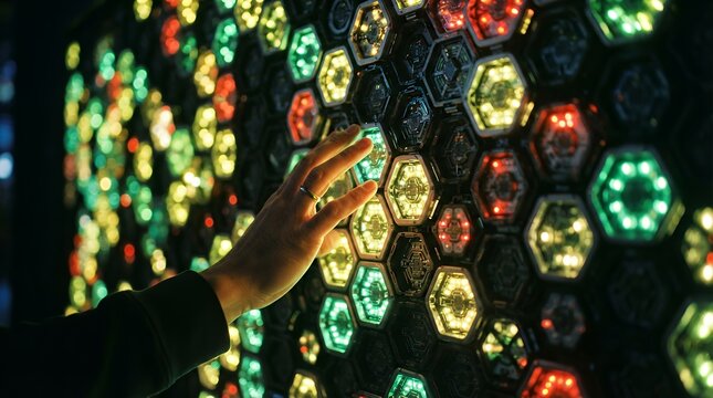 Futuristic interactive LED wall with hand touching glowing hexagonal panels, digital user interface concept for science museum