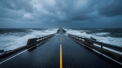 Fototapeta premium Stormy sea and road with crashing waves under a dramatic overcast sky