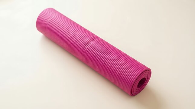 Pink yoga mat rolled up on neutral background, fitness equipment for pilates and home workouts, textured exercise mat