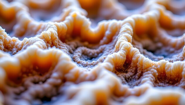 The image features a close up view of a textured surface with intricate, undulating patterns. The surface appears to be organic, with ridges and grooves creating a sense of depth and complexity