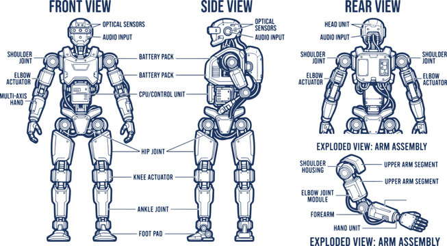 Humanoid robot technical blueprint diagram with multiple views and arm assembly
