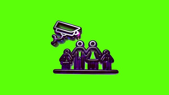 Purple icon of a family under a security surveillance camera representing safety and home protection