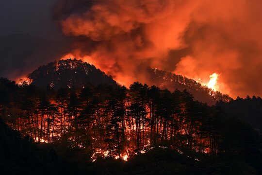 夜空を焦がす猛烈な森林火災の炎が山を焼き尽くす