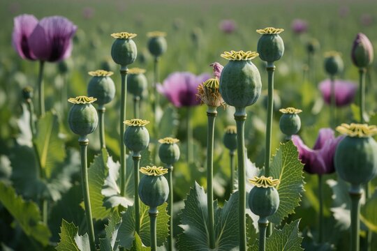 Close up of green opium poppy capsules in blooming field. Pink Papaver somniferum flowers grow among plant pods during spring. Agriculture farm shows herbal plant cultivation for medicine drug