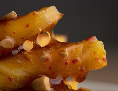 Extreme macro shot of Indonesian fruit rujak dripping with thick palm sugar chili sauce and crushed peanuts