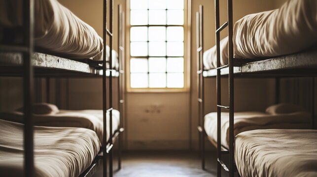 pudica. Military barracks with rows of empty beds in soft morning light. real-estate listings, architecture portfolios, designed for architectural facade and classical detail presentations.