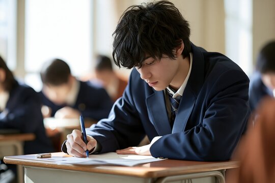 学校の教室で机に向かい集中して試験勉強する若い男性