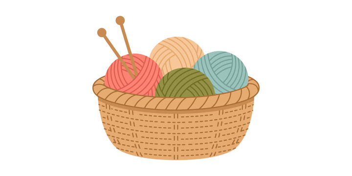 Wicker basket filled with colorful yarn balls and wooden knitting needles for handmade craft projects.