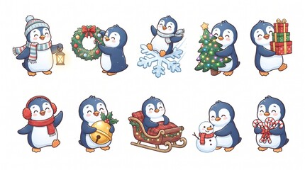 Fototapeta premium Cute Christmas Penguin Character Collection, Kawaii Winter Holiday Vector Set