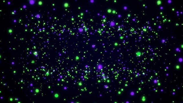 漆黒の深遠空間を浮遊するペリドットグリーンと紫の発光量子ドット背景
