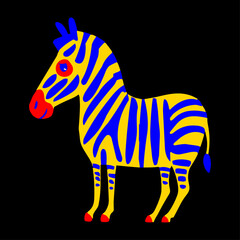 Naklejka premium A quirky vector illustration of a zebra with bright yellow body, bold blue stripes, red muzzle, and red hooves, standing in profile against a solid black background.