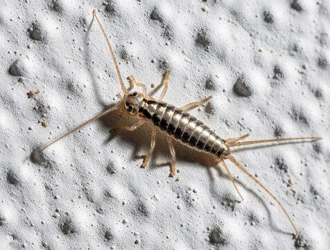 Macro shot of small silverfish insect crawling on textured white wall inside house. Creature has long antennae and segmented body, viewed from above.