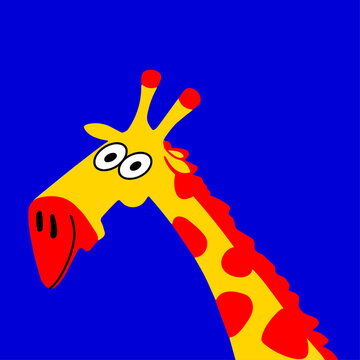 A bold, pop-art style vector illustration of a stylized yellow giraffe head and neck with red spots and a large red muzzle, against a solid blue background.