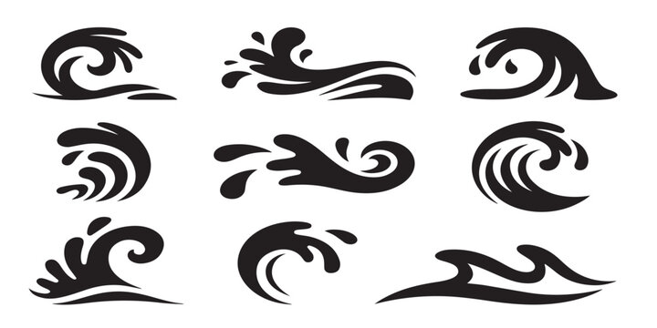 Black Ocean Wave and Sea Swirl Vector Collection, Dynamic Curling Wave Shapes, Stylized Surf Symbols, Water Splash Effects, Coastal Wave Silhouettes and Abstract Fluid Motion Elements for Graphic Desi